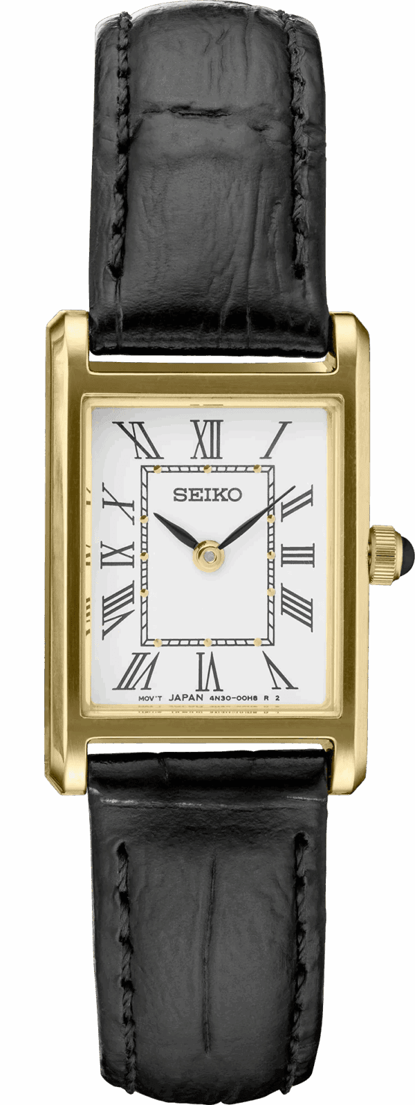 Elegant gold Seiko wristwatch with Roman numerals.