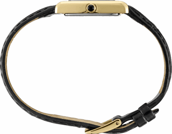 Side view of a stylish smartwatch with a black band and gold accents.