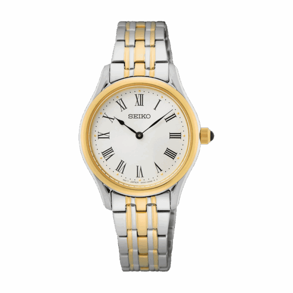 Elegant two-tone wristwatch with gold and silver links and a white dial.