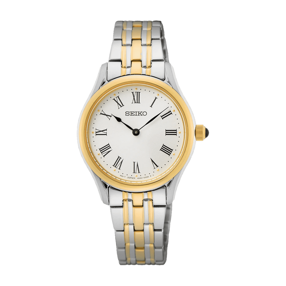 Elegant two-tone wristwatch with gold and silver links and a white dial.