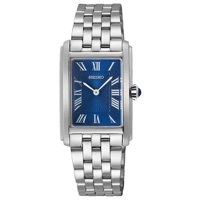 Elegant silver wristwatch with a blue rectangular face and Roman numerals.