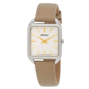 Square-faced wristwatch with a beige leather strap.