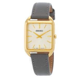 Elegant Seiko wristwatch with a gold-tone rectangular case and gray leather strap.