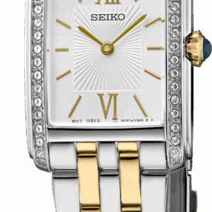 Elegant two-tone Seiko wristwatch with diamond accents and Roman numerals.