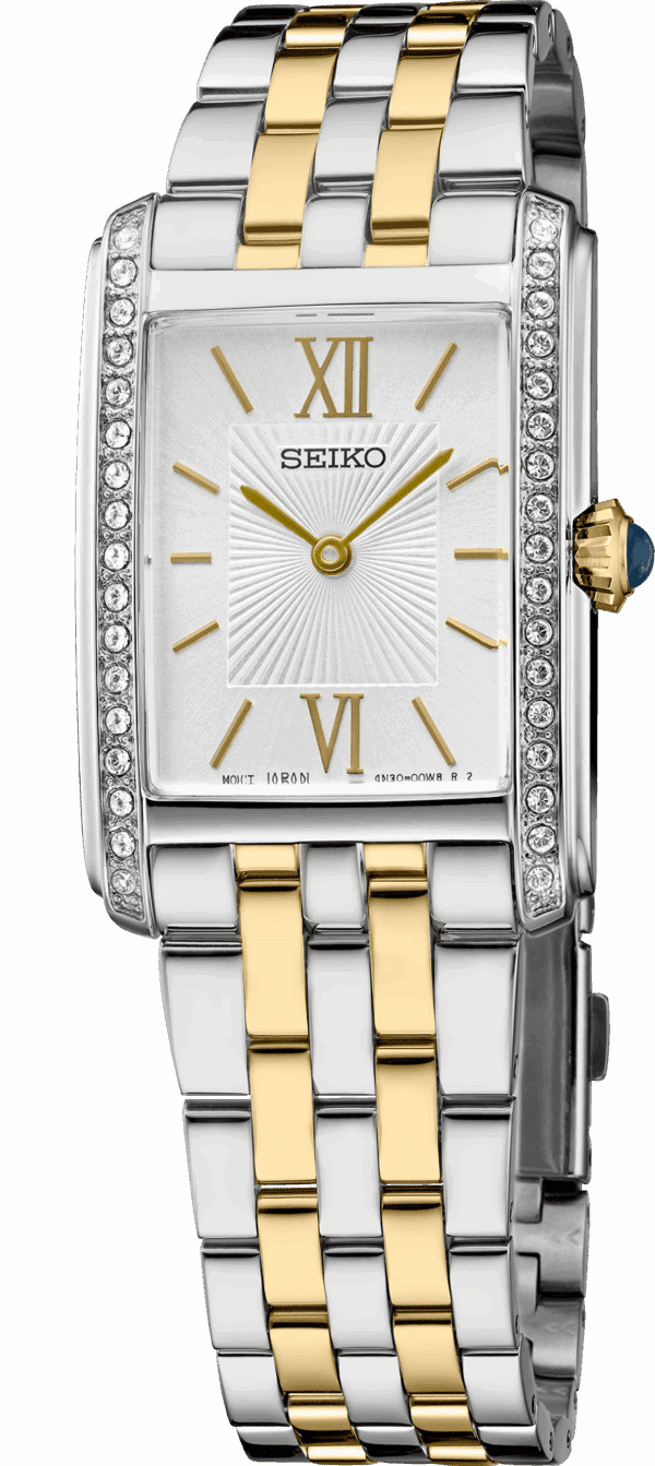 Elegant two-tone Seiko wristwatch with diamond accents and Roman numerals.