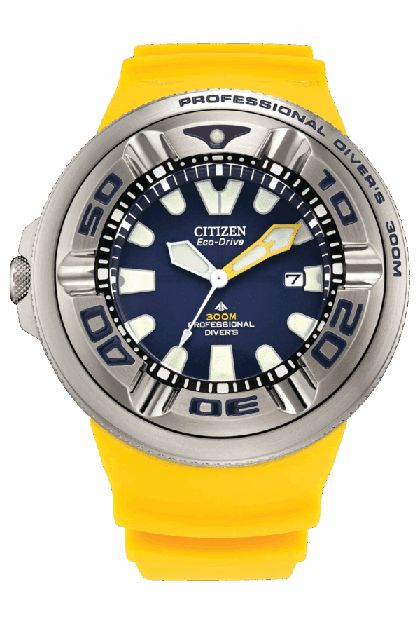Citizen dive watch with yellow strap and bold blue dial.