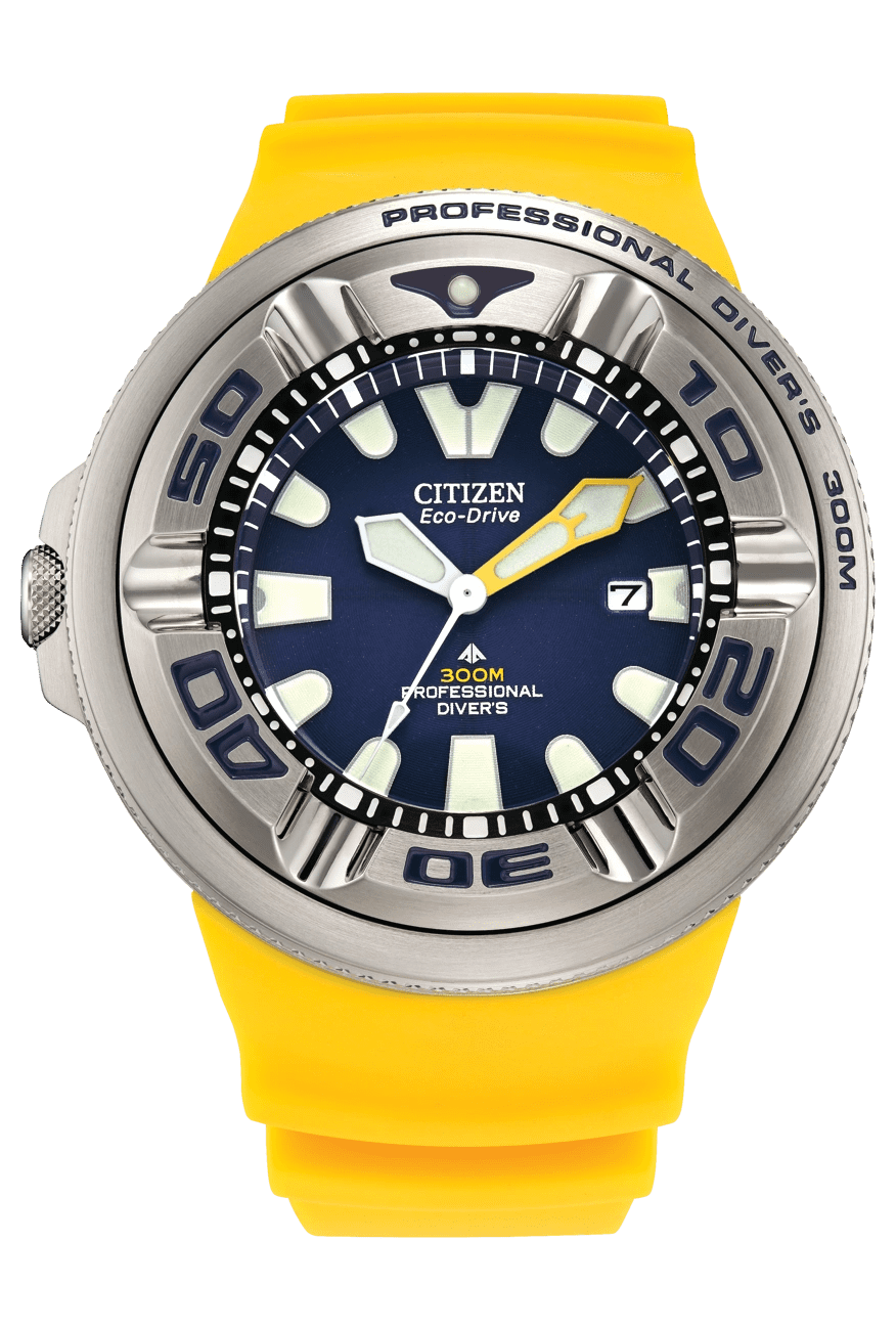 Citizen dive watch with yellow strap and bold blue dial.