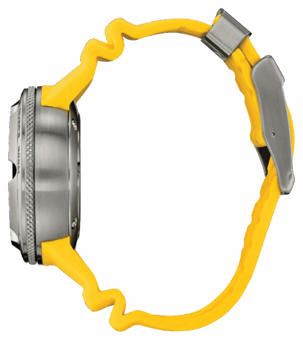 Side view of a wristwatch with an orange strap and silver case.