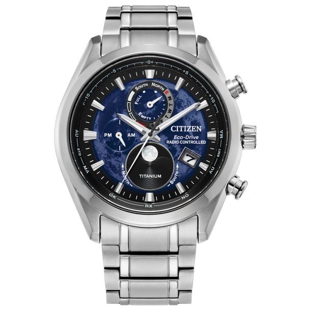 Elegant silver wristwatch with a blue dial and multiple subdials.