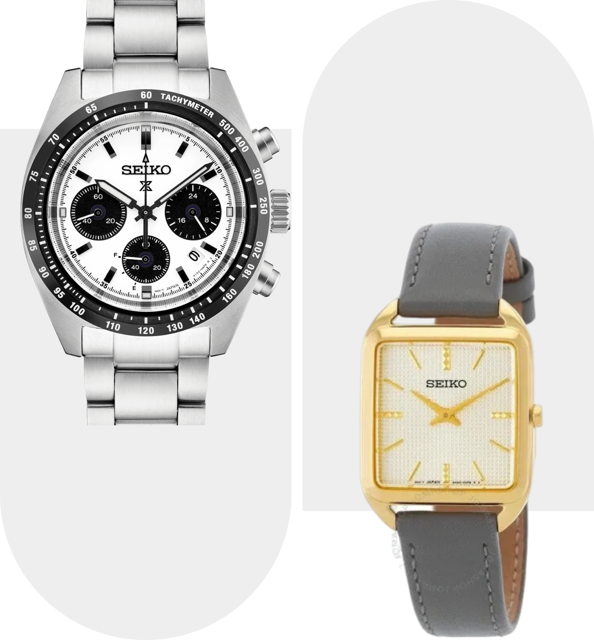 image (4) Two contrasting luxury watches: a modern chronograph and a classic gold watch.