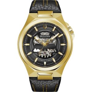 Elegant gold wristwatch with black dial and leather strap.