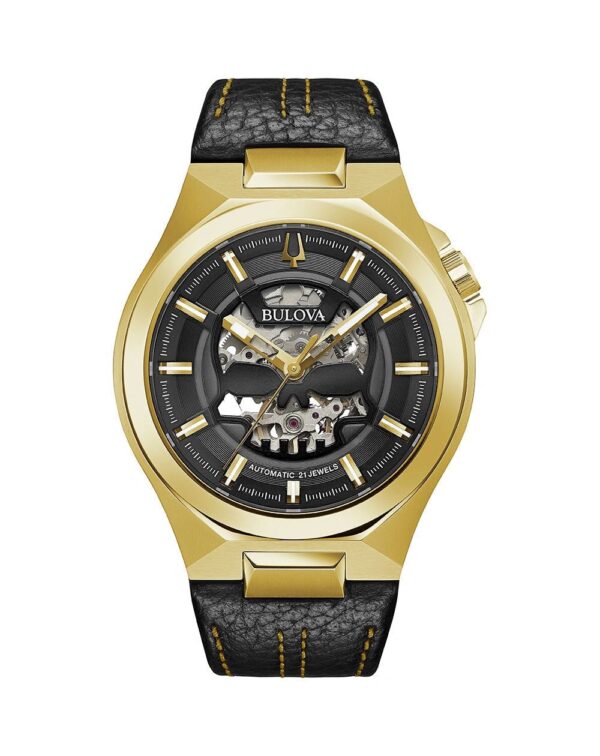 Elegant gold wristwatch with black dial and leather strap.