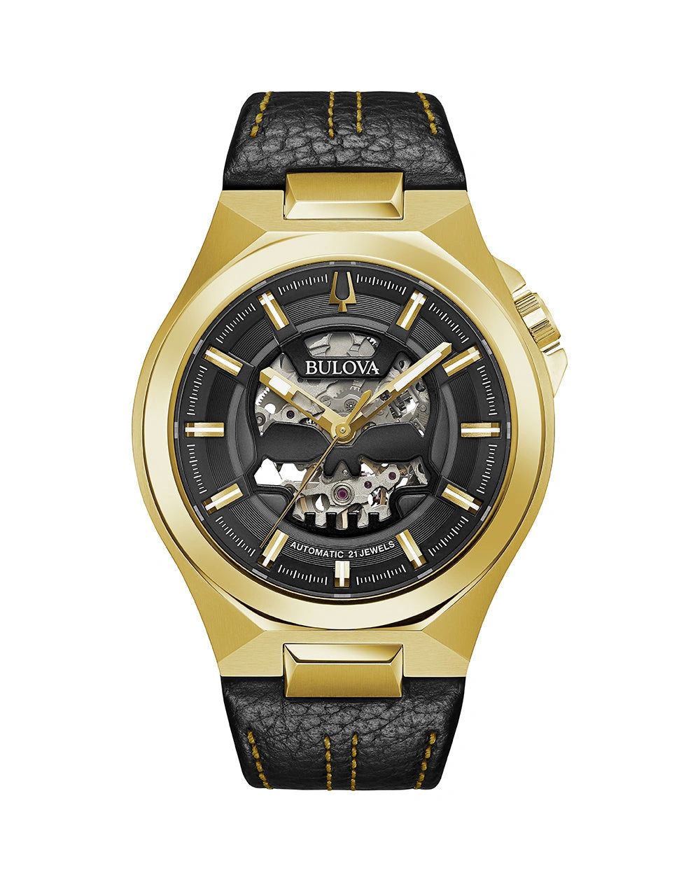 Elegant gold wristwatch with black dial and leather strap.