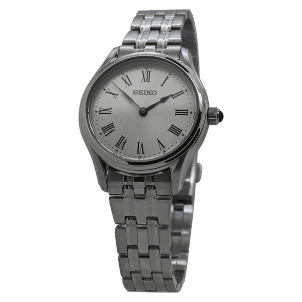 Elegant silver wristwatch with Roman numerals and a metal link band.