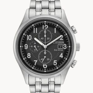 Stainless steel wristwatch with black dial and chronograph features.