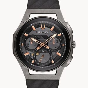 Elegant black and rose gold wristwatch with chronograph features.
