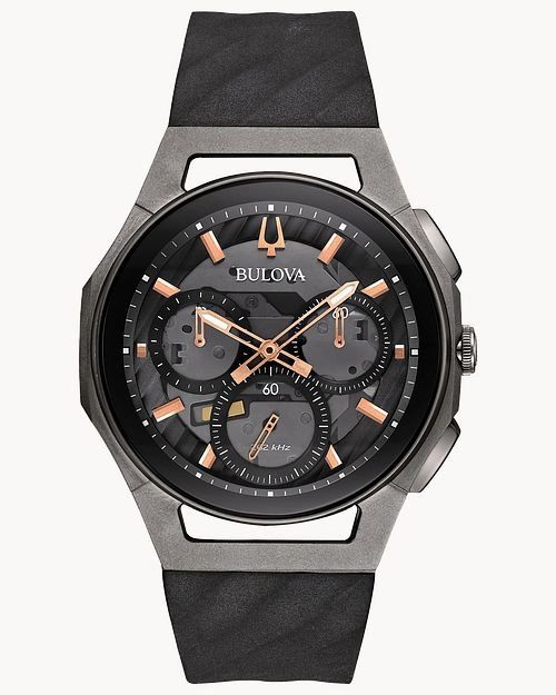 Elegant black and rose gold wristwatch with chronograph features.