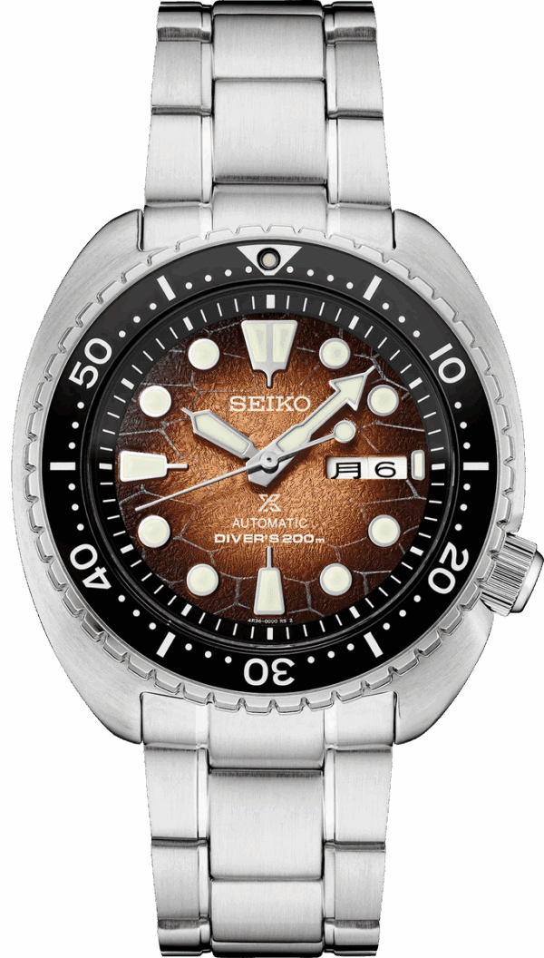 Seiko Prospex dive watch with a textured brown dial and stainless steel case.
