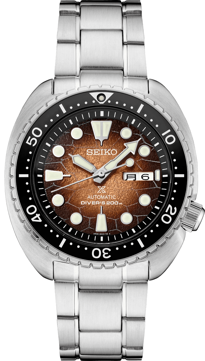 Seiko Prospex dive watch with a textured brown dial and stainless steel case.
