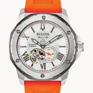 Bulova watch with orange strap and open-heart dial design.