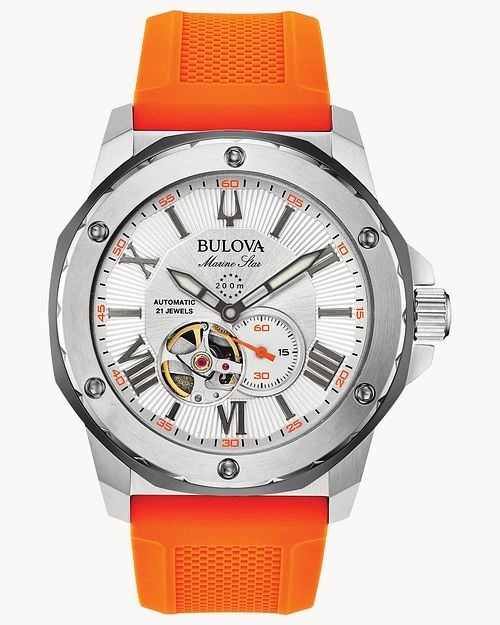 Bulova watch with orange strap and open-heart dial design.