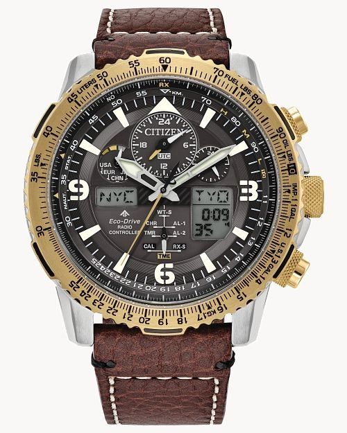 A Citizen Eco-Drive wristwatch with a brown leather strap and multiple dials.