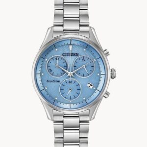 Elegant silver wristwatch with a blue dial and chronograph features.