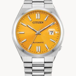 Silver Citizen wristwatch with a bright yellow dial and date display.