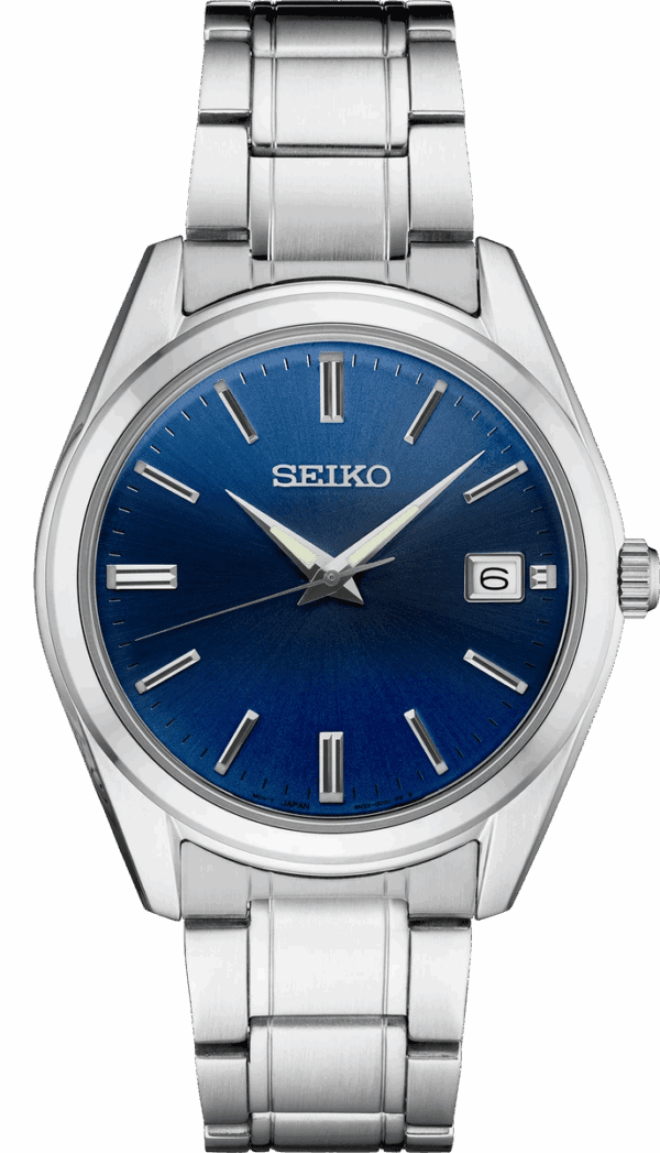 Seiko wristwatch with a blue dial and date display.
