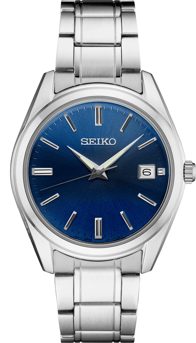 Seiko wristwatch with a blue dial and date display.