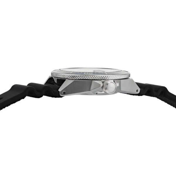Side view of a wristwatch with a black strap and silver case.
