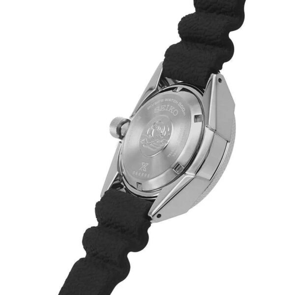 Silver wristwatch with a black strap, viewed from the back.
