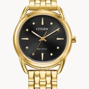 Elegant gold Citizen wristwatch with a black dial.