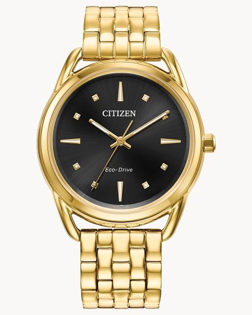 Elegant gold Citizen wristwatch with a black dial.