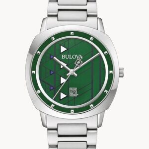 Elegant Bulova wristwatch with green dial and stainless steel band.