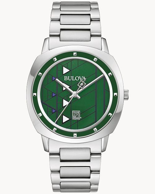 Elegant Bulova wristwatch with green dial and stainless steel band.