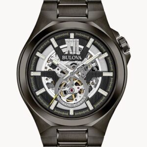 Bulova automatic watch with visible skeleton movement and black metal band.