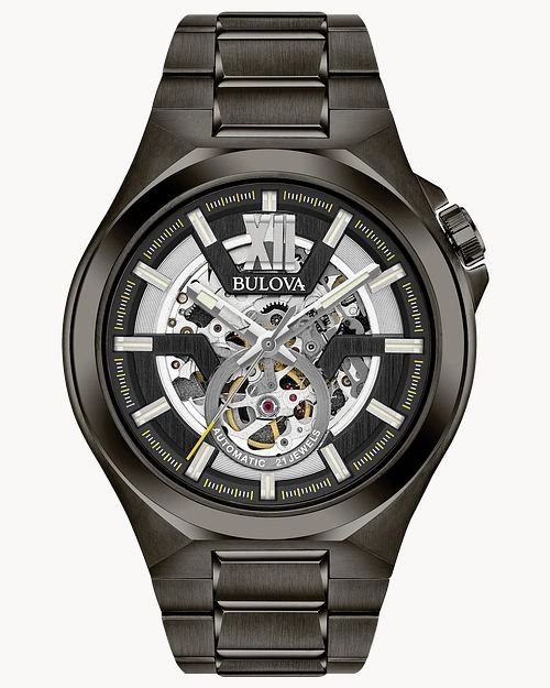 Bulova automatic watch with visible skeleton movement and black metal band.