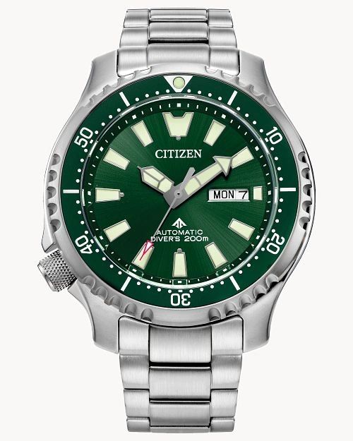 Citizen dive watch with green dial and stainless steel bracelet.