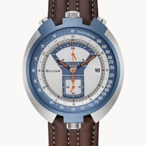 Close-up of a stylish wristwatch with a blue bezel and brown leather strap.