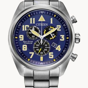 Citizen chronograph wristwatch with blue dial and stainless steel band.