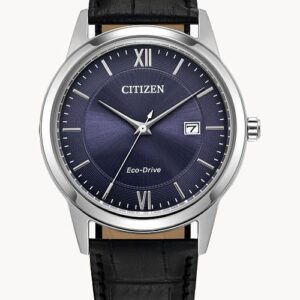 Elegant Citizen wristwatch with black leather strap and blue dial.