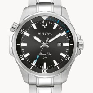 Silver Bulova wristwatch with black dial and date display.