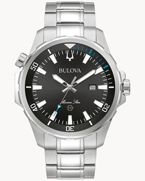 Silver Bulova wristwatch with black dial and date display.