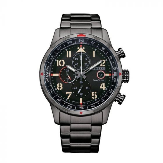 Black stainless steel chronograph wristwatch with red accents.