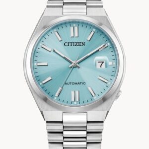 Silver Citizen wristwatch with a turquoise face and date display.