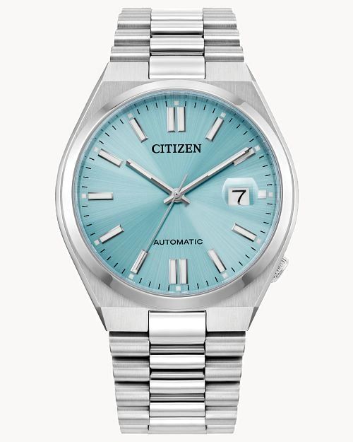 Silver Citizen wristwatch with a turquoise face and date display.