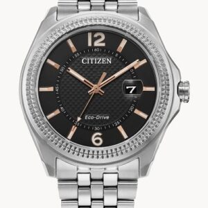 Silver Citizen Eco-Drive wristwatch with black dial and date display.