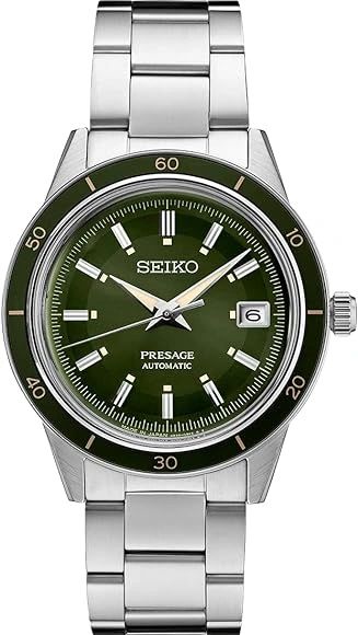 Seiko Presage automatic watch with green dial and date display.