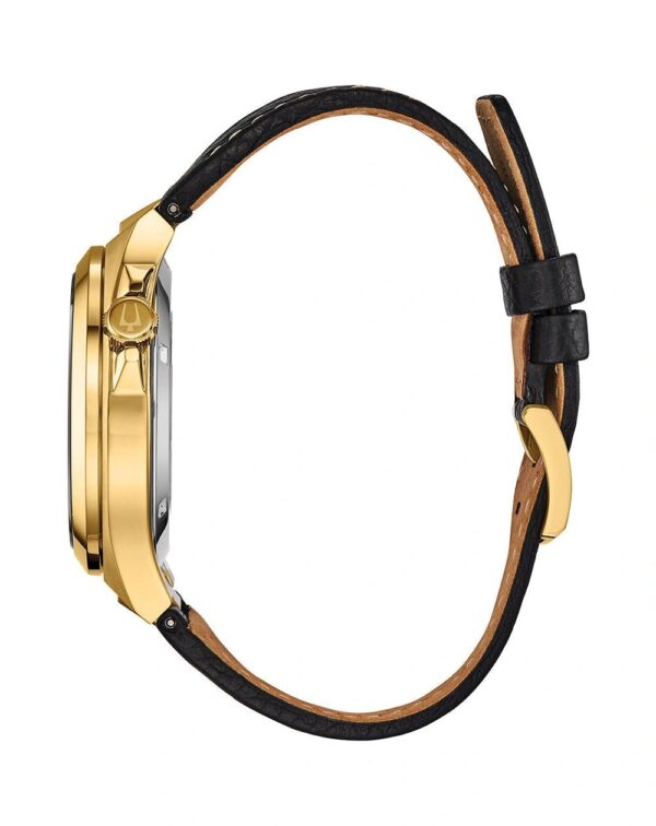 Elegant gold wristwatch with a brown leather strap.
